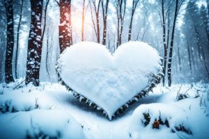 Огромное снежное сердце на опушке леса