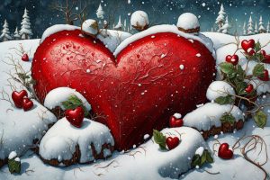 Красное бархатное сердце в снегу