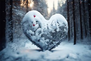Куст в виде сердца в зимнем лесу