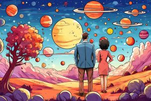 Влюбленная пара смотрит на небо с планетами и звездами