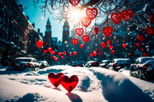 Красные сердца на зимней улице