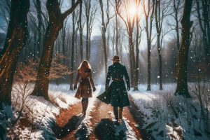Влюбленная пара идет по зимнему лесу