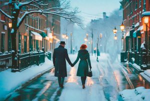 Влюбленная пара идет по заснеженной улице