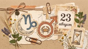 Иллюстрация в стиле скрап-букинг для гороскопа на 23 августа: астрологические символы Луны в Козероге и Марса в Раке, календарь и летние полевые цветы на фоне крафтовой бумаги с элементами винтажного коллажа.