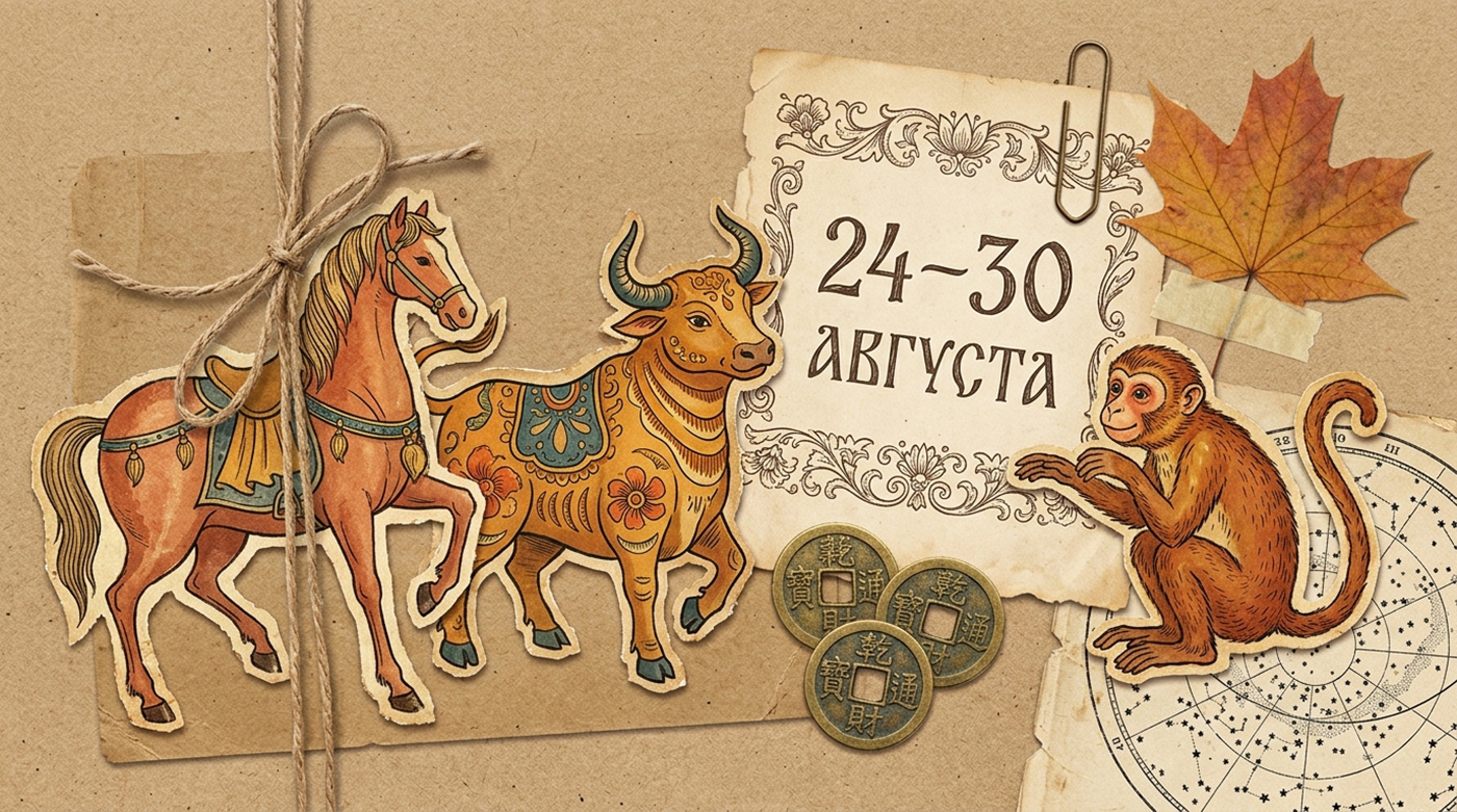 Иллюстрация в стиле скрап-букинг для китайского гороскопа на неделю 24–30 августа: три животных (Лошадь, Бык, Обезьяна), календарь и монеты на фоне крафтовой бумаги с элементами винтажного коллажа.