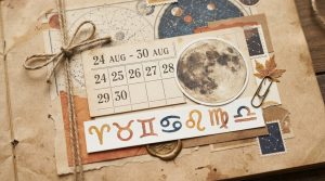 Иллюстрация в стиле скрап-букинг для недельного гороскопа с 24 по 30 августа: календарь, полная луна и символы зодиака на фоне крафтовой бумаги с элементами винтажного коллажа.