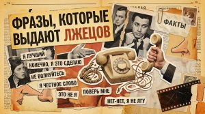 Иллюстрация в стиле винтажного коллажа для статьи о фразах, которые выдают лжецов: старые газетные вырезки с рваными фразами, телефонный аппарат и элементы ретро-скрапа на пожелтевшем фоне.