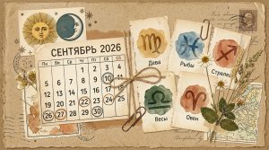 Иллюстрация в стиле скрап-букинг для статьи о лучших гороскопах на сентябрь 2026
