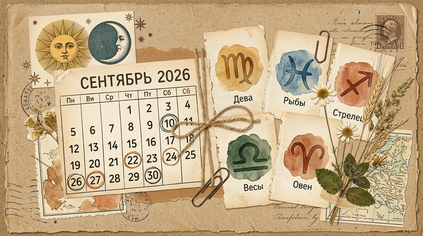 Иллюстрация в стиле скрап-букинг для статьи о лучших гороскопах на сентябрь 2026