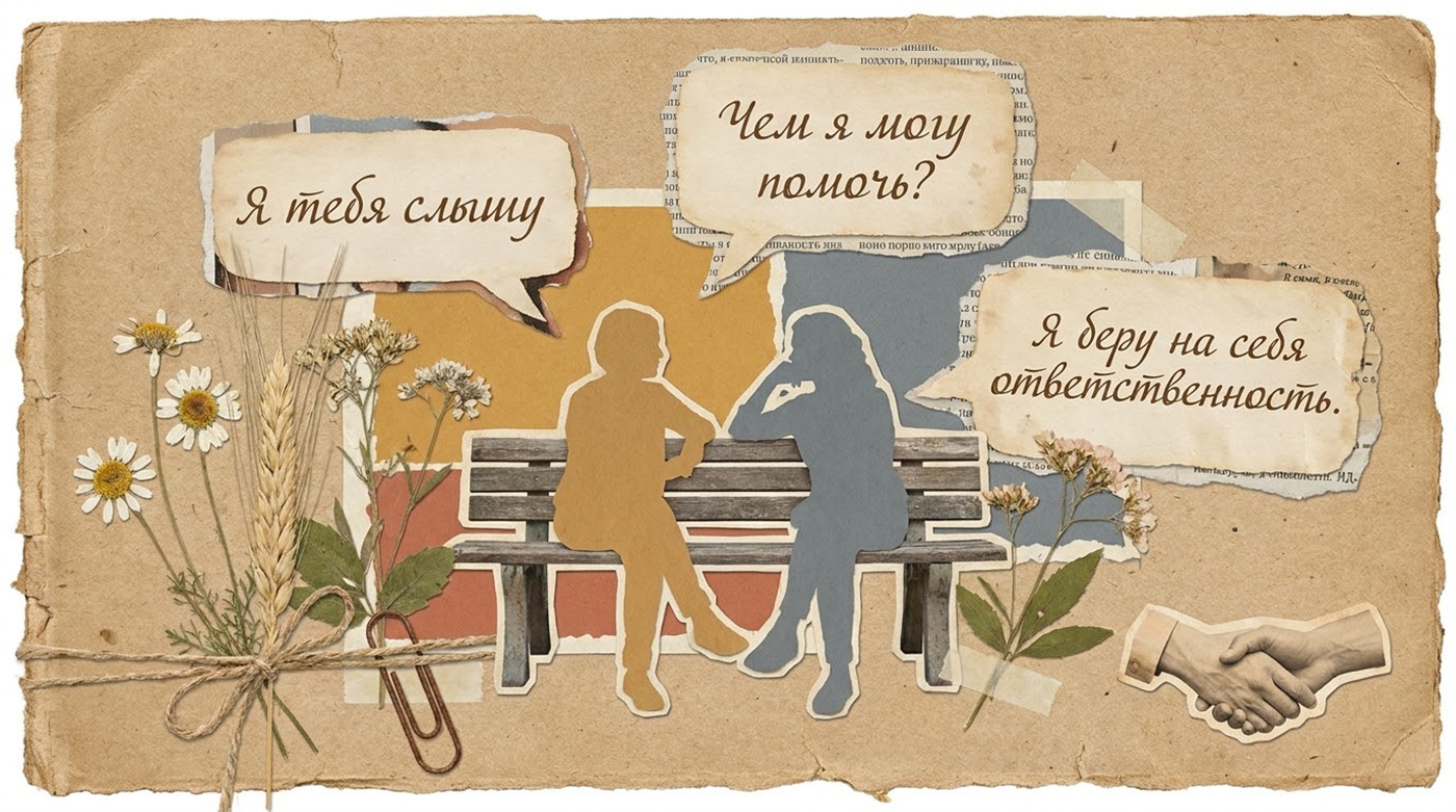 Иллюстрация в стиле скрап-букинг для статьи о фразах надёжных людей