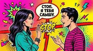 Иллюстрация в стиле поп-арт для статьи о сильных границах в конфликтах: два профиля людей с разделительной линией «STOP», элементы комиксов, яркие цвета