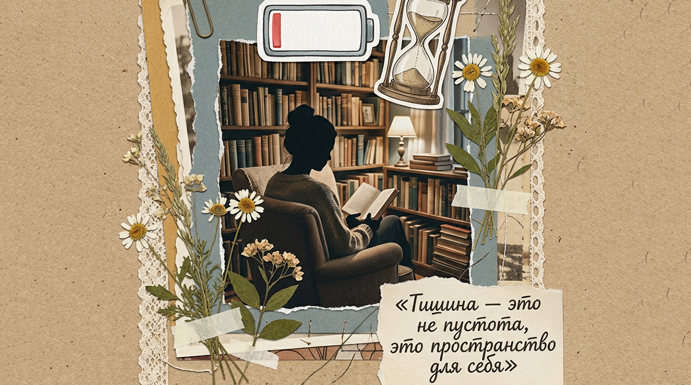 Иллюстрация в стиле скрап-букинг для статьи о людях, которым нужно время наедине с собой: одинокий силуэт человека в тишине, батарейка на нуле и песочные часы на фоне крафтовой бумаги с летним гербарием.
