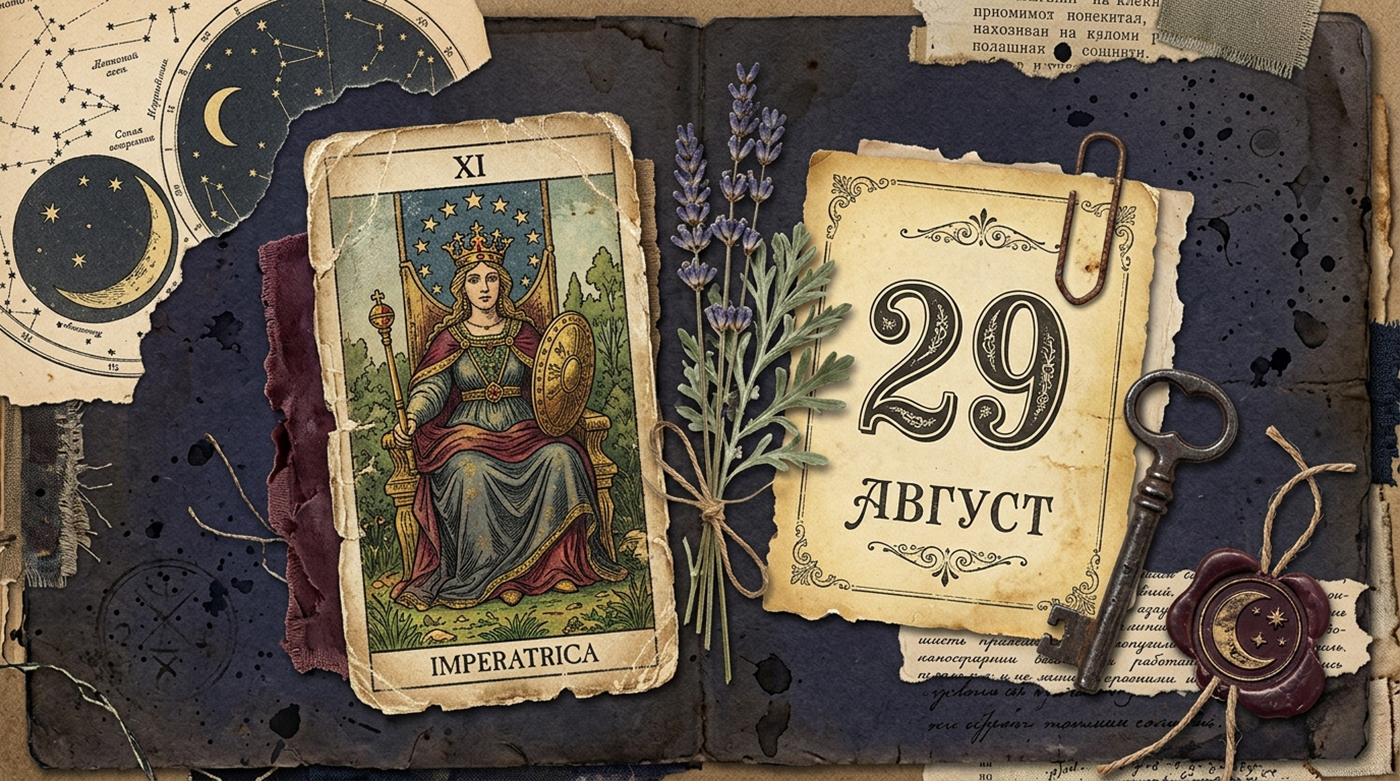 Иллюстрация в стиле мистического скрап-букинга для таро-гороскопа на 29 августа