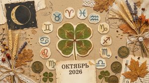 Иллюстрация в стиле скрап-букинга для гороскопа удачи на октябрь 2026