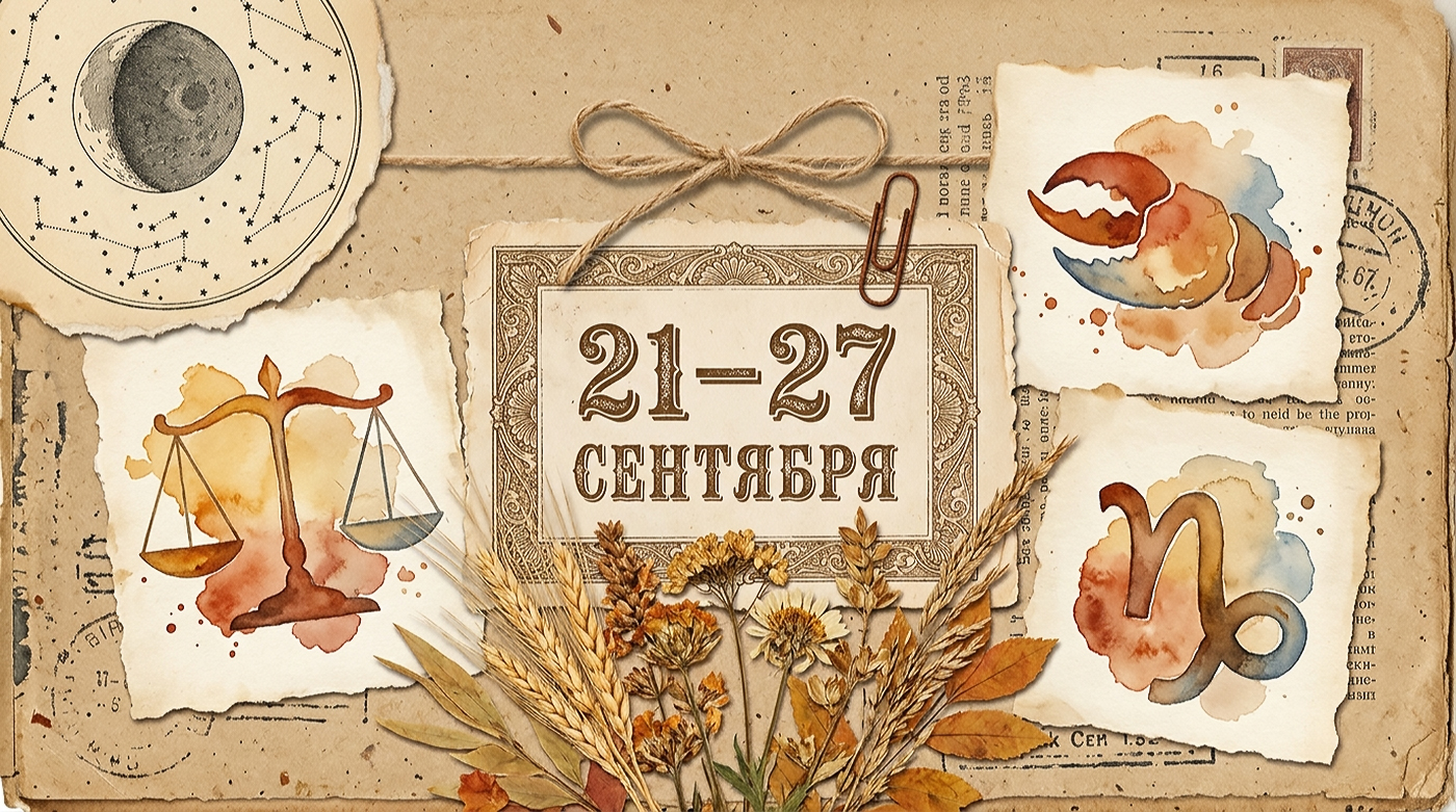 Иллюстрация в стиле скрап-букинга для статьи о переменах в жизни трёх знаков на неделе 21–27 сентября
