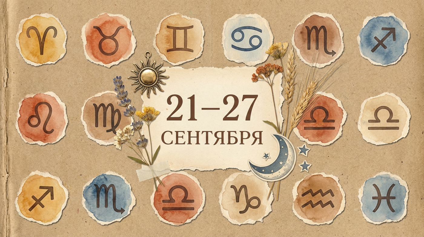 Иллюстрация в стиле скрап-букинга для недельного гороскопа 21–27 сентября