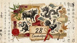 Иллюстрация в стиле скрап-букинга с элементами китайской традиционной живописи для китайского гороскопа на 28 сентября