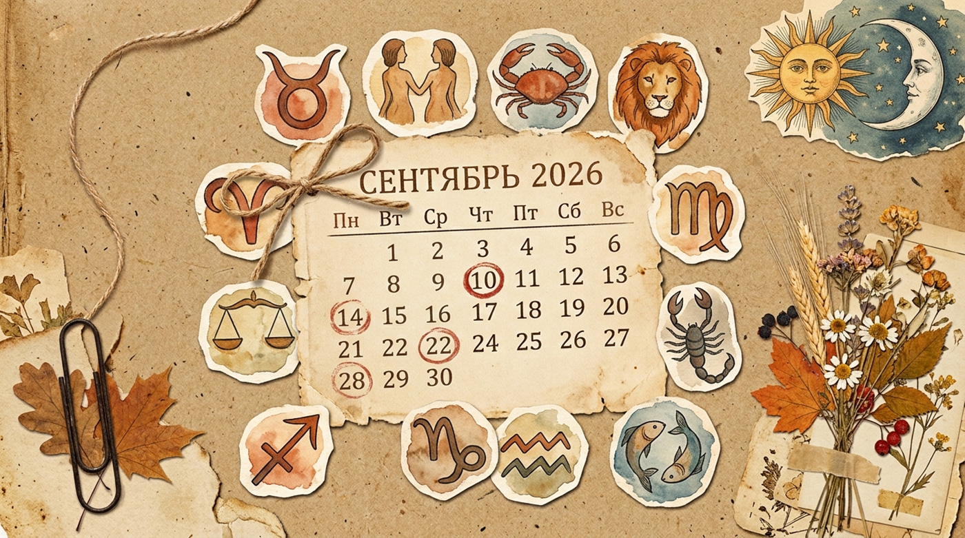 Иллюстрация в стиле скрап-букинга для гороскопа на сентябрь 2026