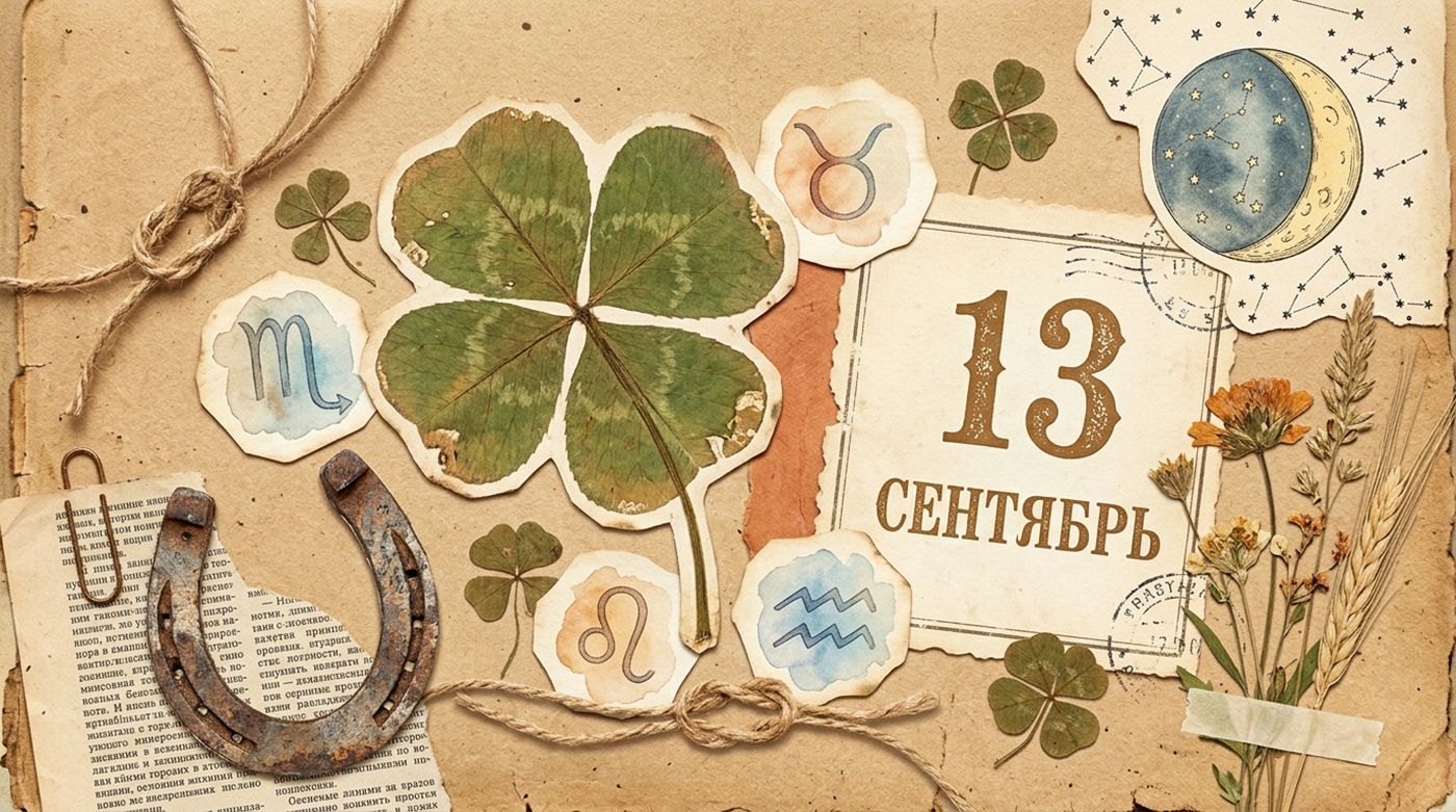 Иллюстрация в стиле скрап-букинга для гороскопа удачи на 13 сентября