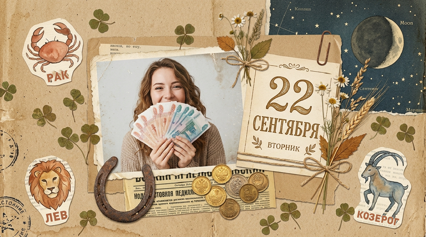 Иллюстрация в стиле скрап-букинга для гороскопа удачи на 22 сентября