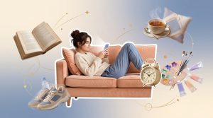 Иллюстрация в стиле модного журнального коллажа для статьи о том, как листание ленты забирает энергию